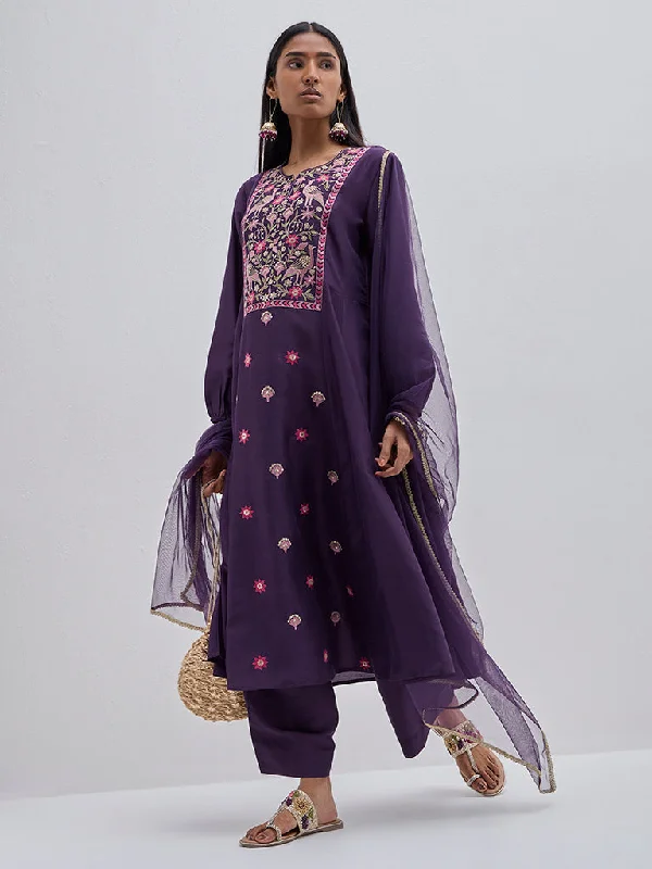 Vark Purple Embroidered Kurta, Pants and Dupatta Set Comfortable Jogging Pants