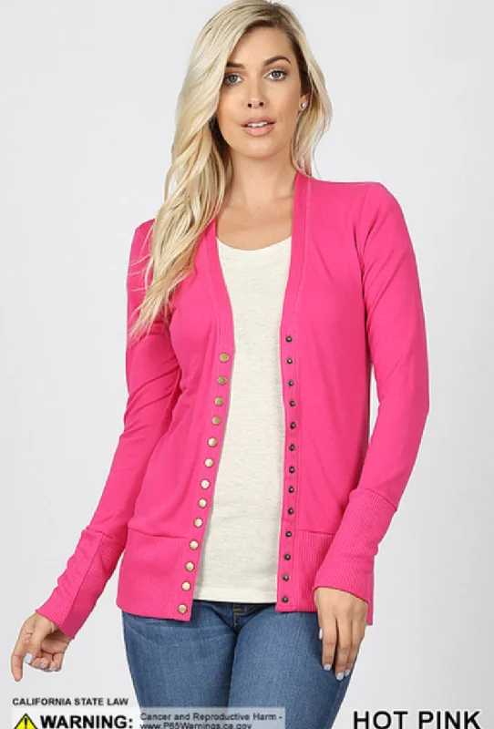 Hot Pink Long Sleeve Snap Cardigan Seamless Knitted Crochet