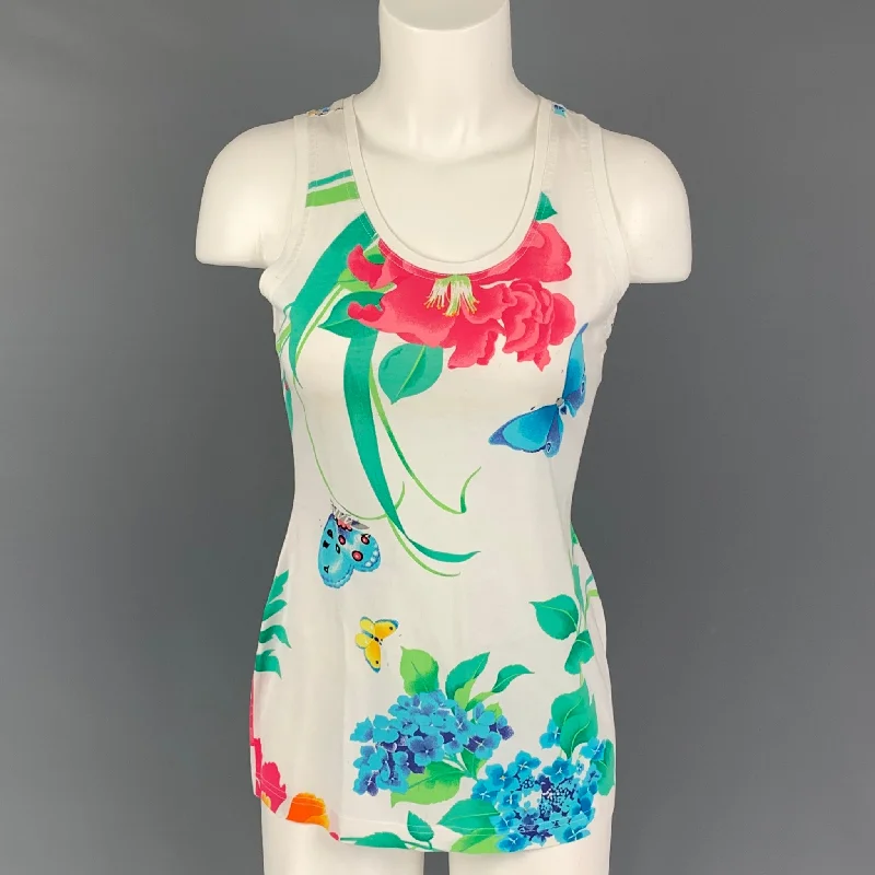 LEONARD Size M White Multi-Color Floral Tank Casual Top slim fit tank