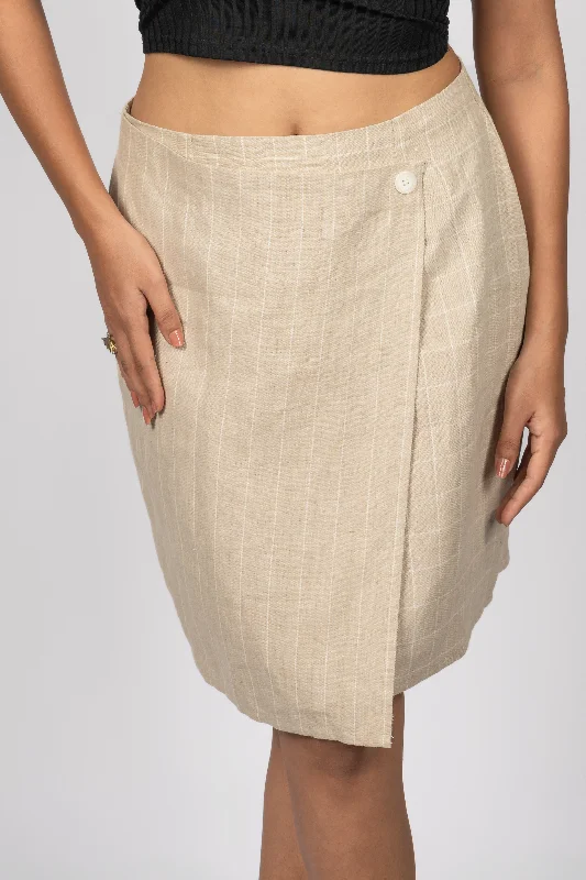 ASTRID Beige Linen Check and Stripe Skirt linen skirt light