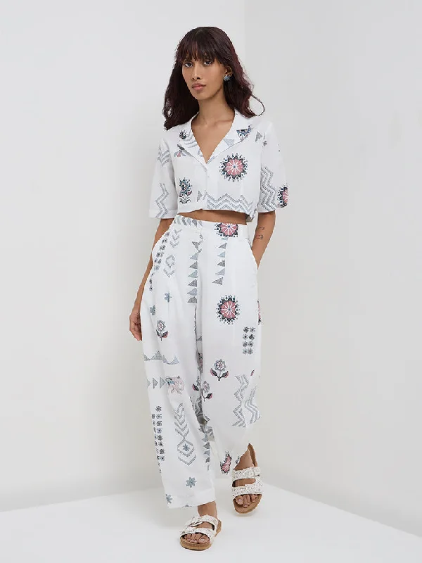 Bombay Paisley White Patiala-Style High-Rise Cotton-Blend Pants Casual Sweatpants Style