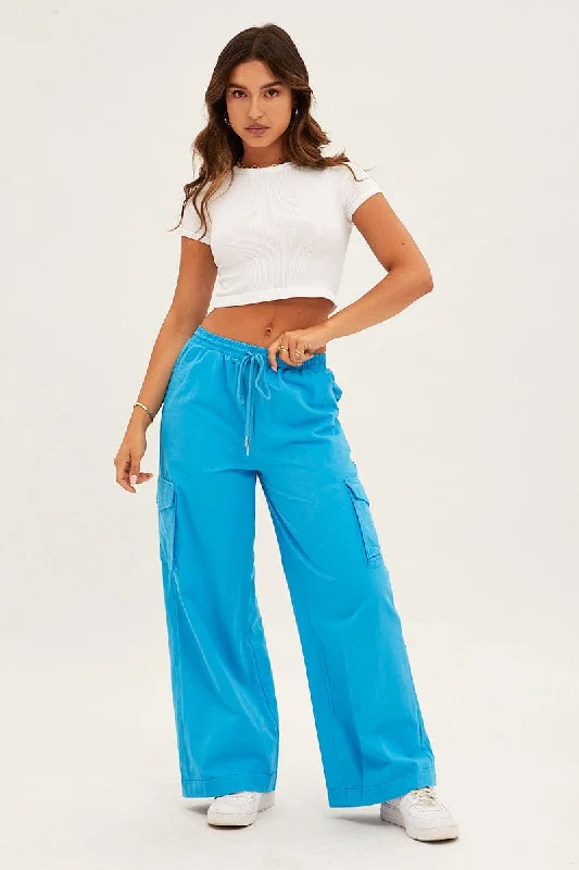 Blue Cargo Pant Wide Leg Elastic Waist Cotton Twill Warm Wool Trousers