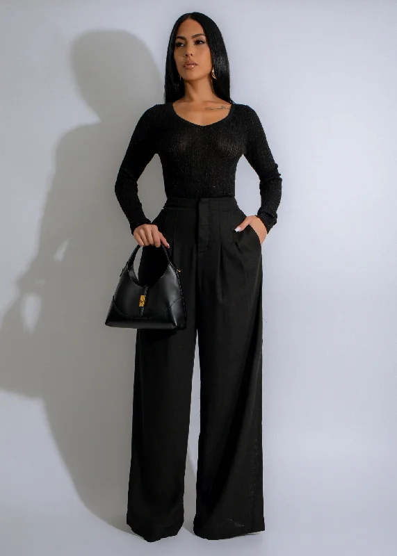 Serene Flow Ribbed Linen Pant Set Black Trendy Wide-Legged Trousers