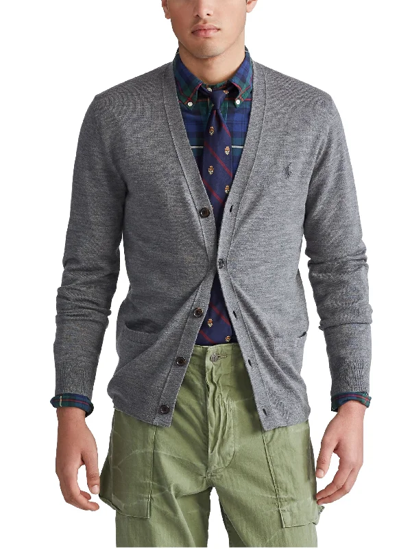 Cardigan in lana Merino Grigio Notch Collar Peter Pan Collar Cowl Neck