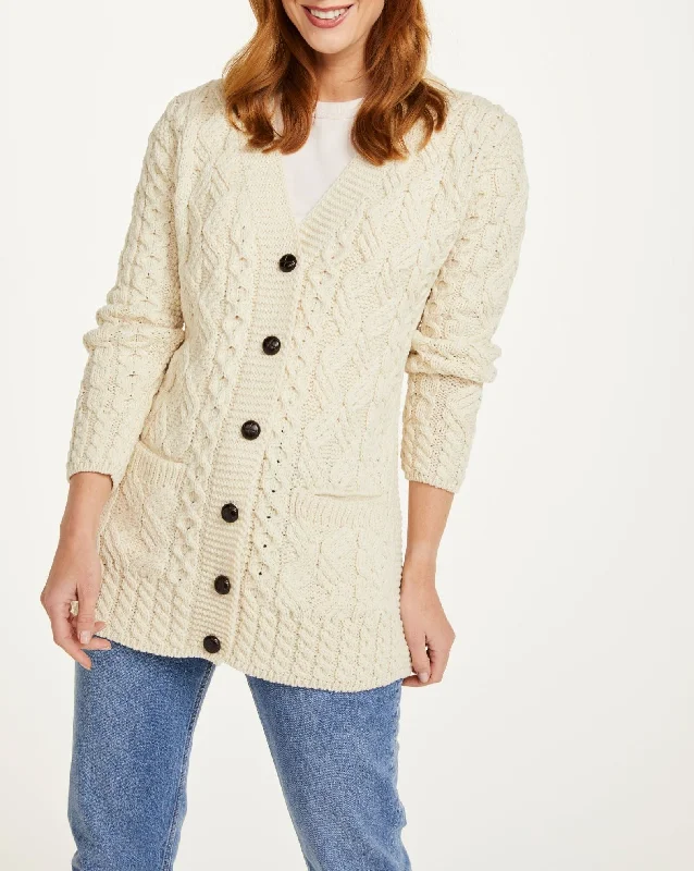 Ladies Long Line Button Cable Cardigan Lace Blend Ribbed Blend Corduroy Blend