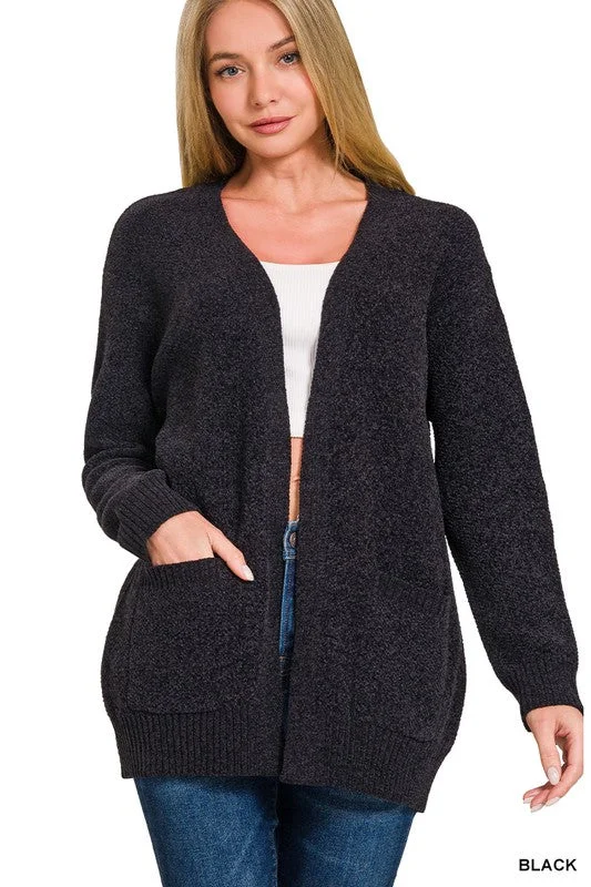 Melange Sweater Cardigan - Black Denim Fabric Leather Fabric Suede Fabric