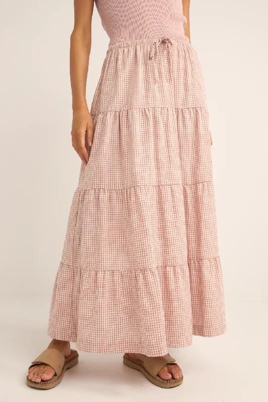 Lola checked tiered maxi skirt - Dusty Pink satin skirt smooth