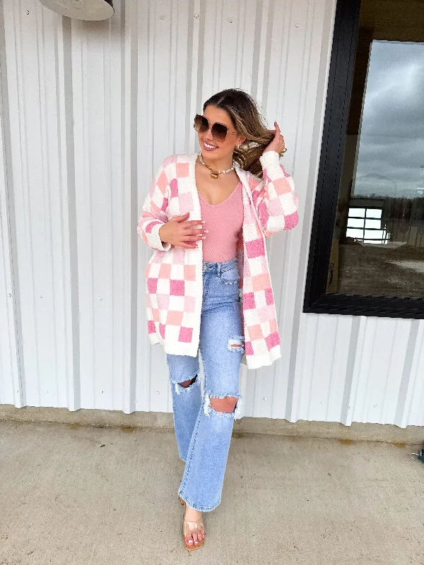 PREORDER Blakeley Pink Checker Cloud Cardigan Polka Dot Checkered Tartan