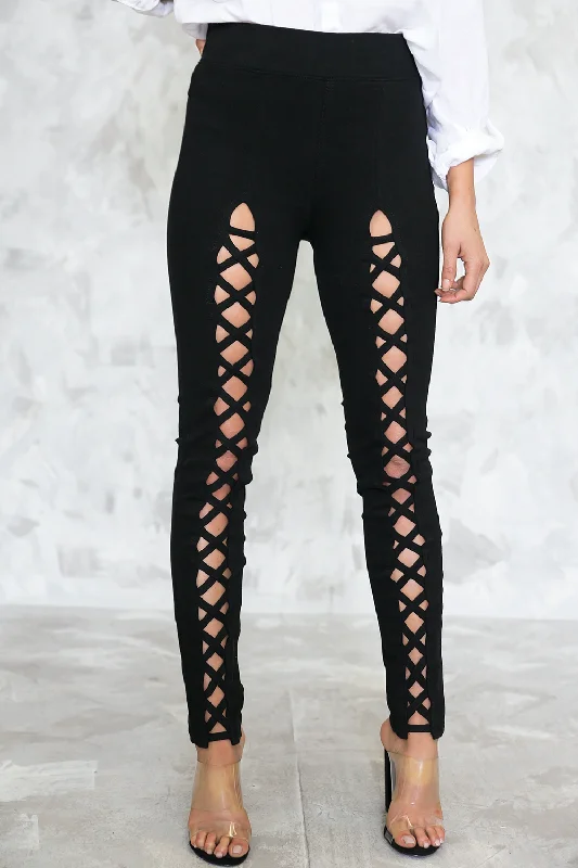 Lace-Up Cutout Pants - Black Stylish Casual Pants
