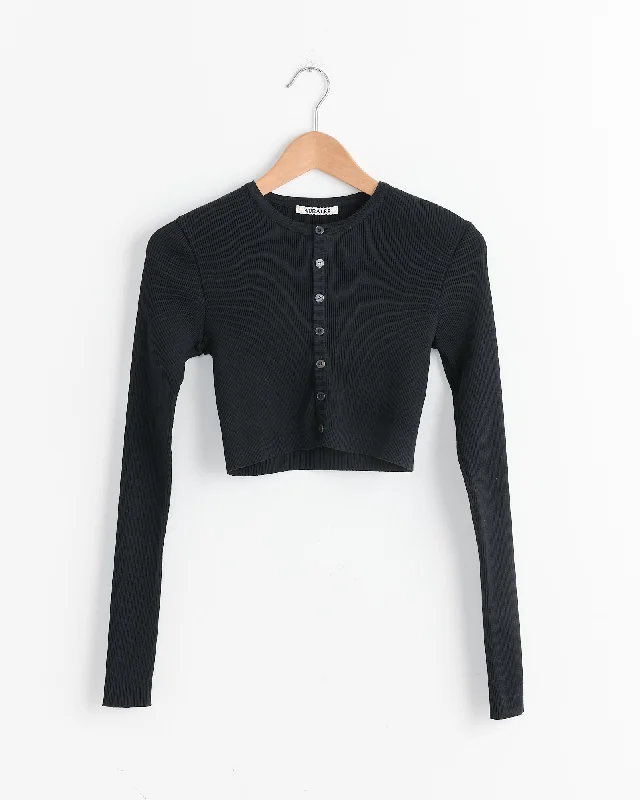 High Gauge Rib Cropped Cardigan in Black Welt Pockets Slit Pockets Flap Pockets
