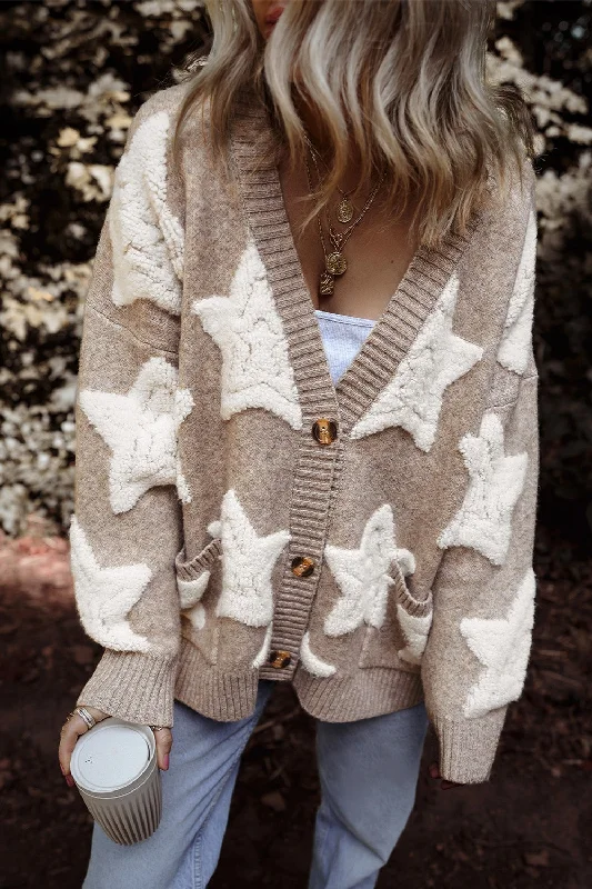 Sandra Star Button Up Long Sleeve Cardigan Boat Neck Shawl Collar Notched Collar