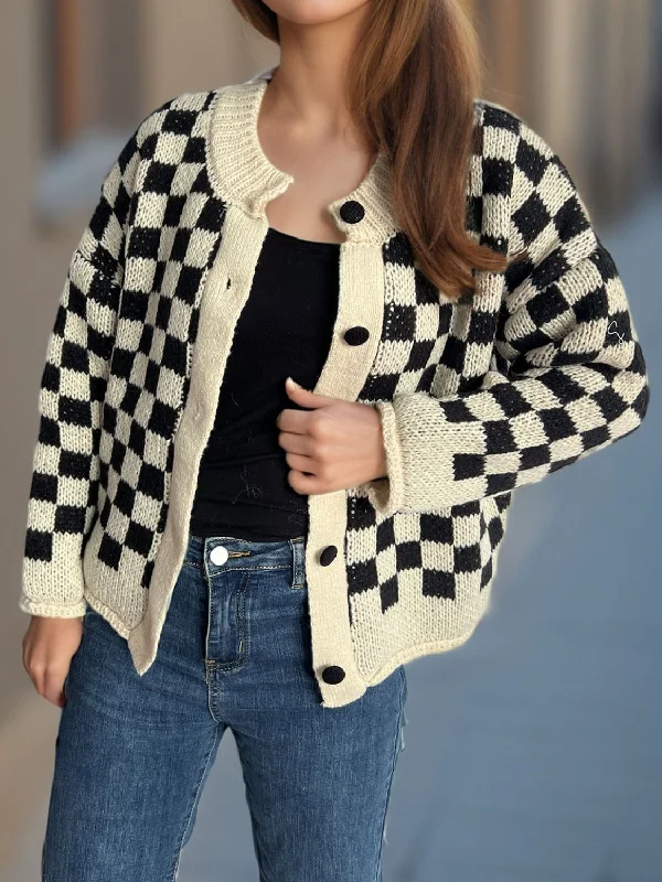 Tabbie Checkered Button Up Round Neck Cardigan Mesh Fabric Canvas Fabric Denim Fabric Tabbie Checkered Button Up Round Neck Cardigan Mesh Fabric Canvas Fabric Denim Fabric
