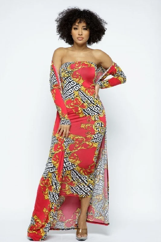 Venechia Print Tube Dress With Cardigan Set Embroidered Appliqued Beaded