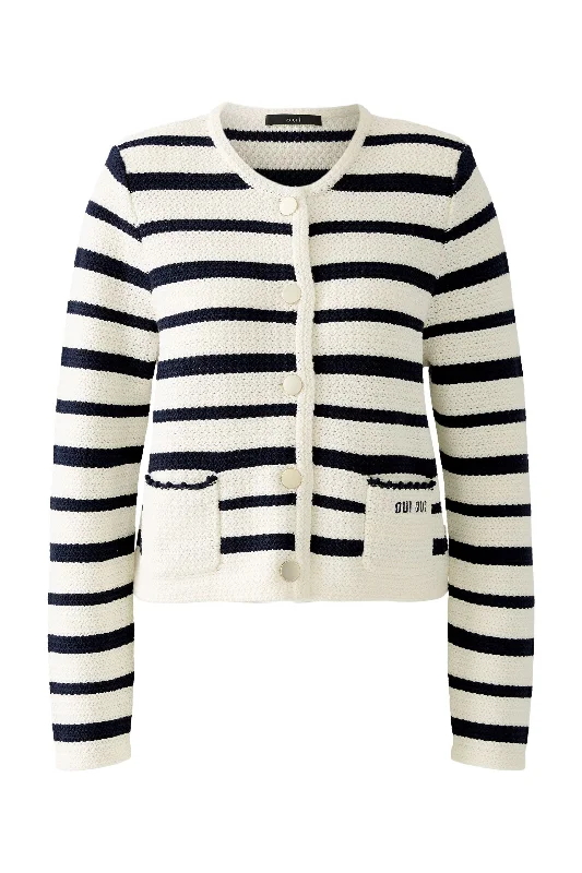 OUI White & Navy Striped Cardigan Zippered Buttoned Snapped