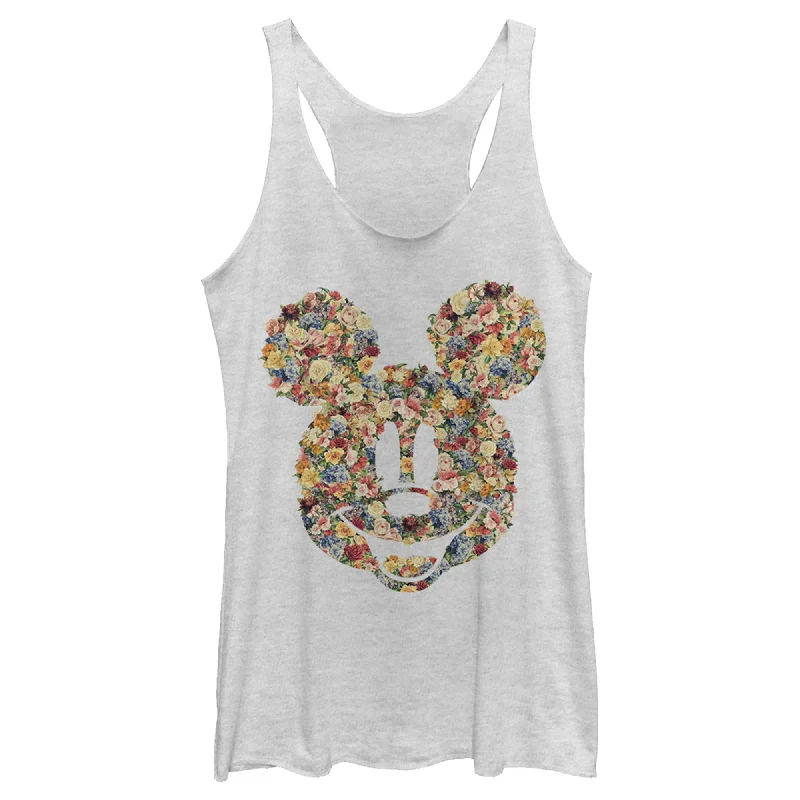 Women's Mickey & Friends Floral Mickey Face Silhouette Racerback Tank Top one shoulder tank Women's Mickey & Friends Floral Mickey Face Silhouette Racerback Tank Top one shoulder tank