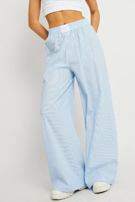 Blue Stripe Wide Leg Pants High Rise Chic Capri Pants