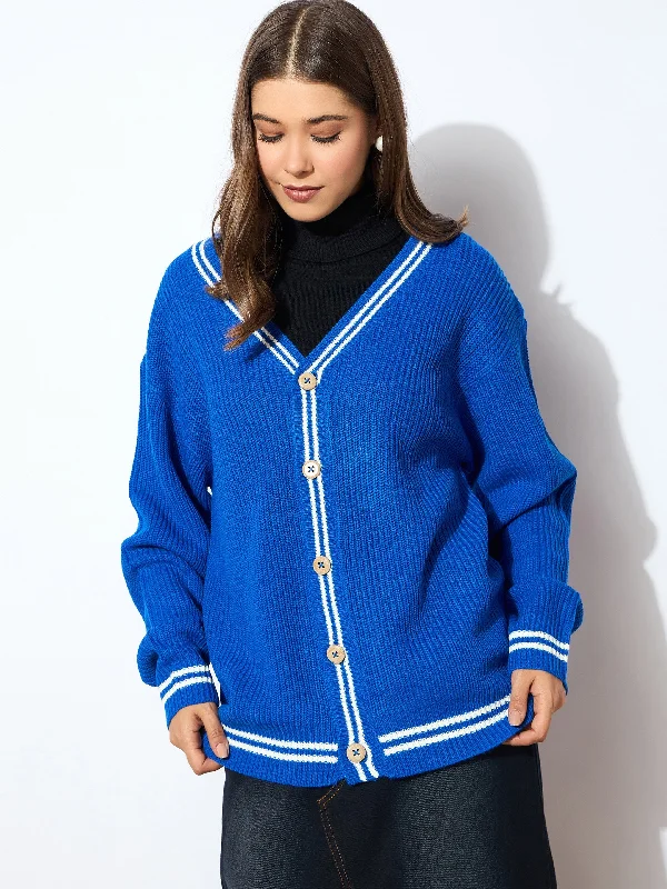 Women Blue Front Button Oversized Cardigan Real Fur Shearling Chenille