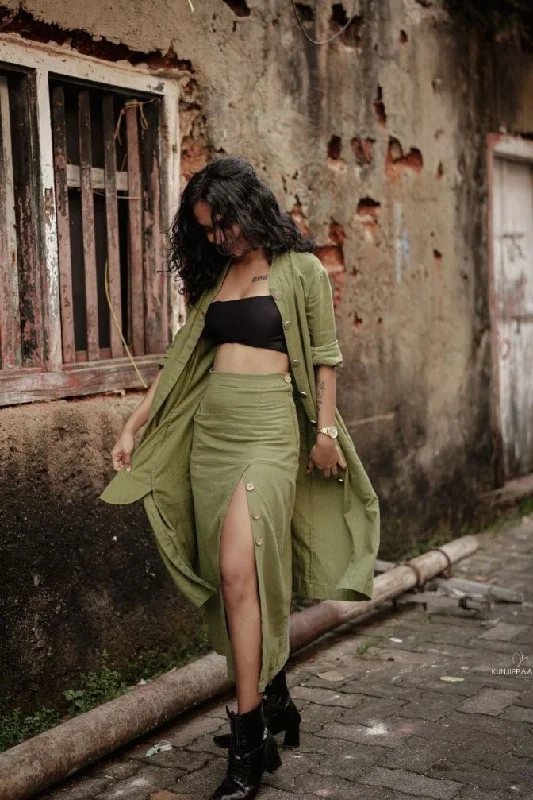 Olive Recycled Cotton Long Slit Skirt leather skirt modern