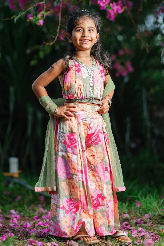 Sleeveless Pink Floral Girls Sharara Set with Beaded Detailing and Wide-Legged Palazzo Pants High-Waist Trousers