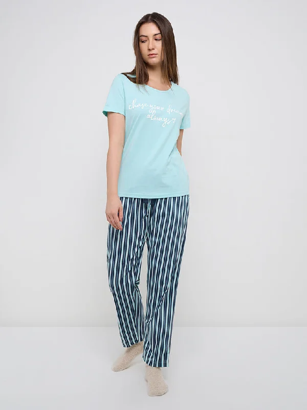 Wunderlove Blue Striped High-Rise Cotton Lounge Pants Classic Bootcut Trousers