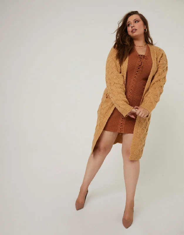 Plus Size Long Cable Knit Cardigan Chenille Brocade Lace