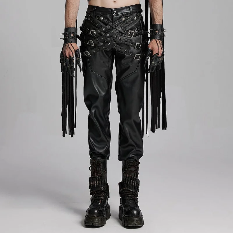 Men's Punk Eyelets Buckle-up Strap Pants Trendy Velvet Pants