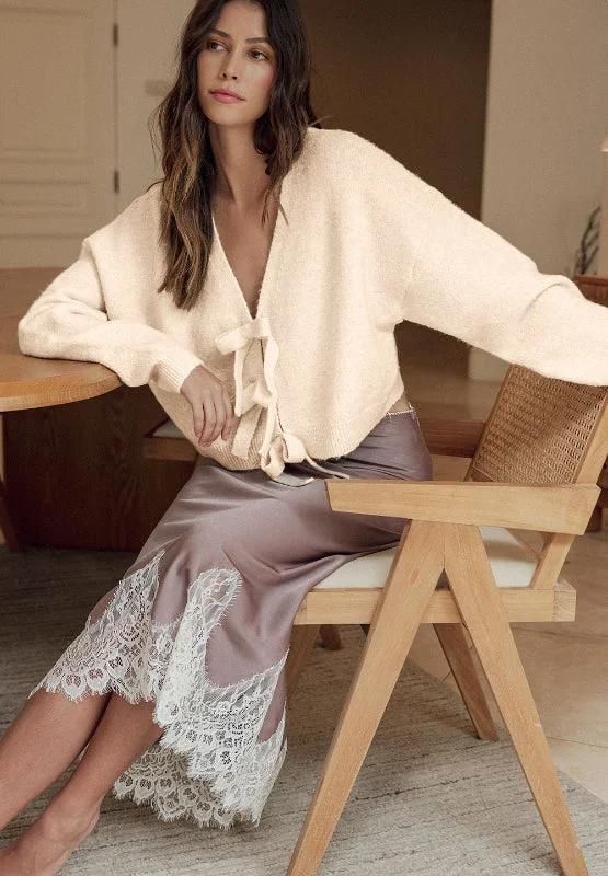 Heather Bowknot Front V Neck Long Sleeve Cardigan Handmade Hand-knitted Hand-woven