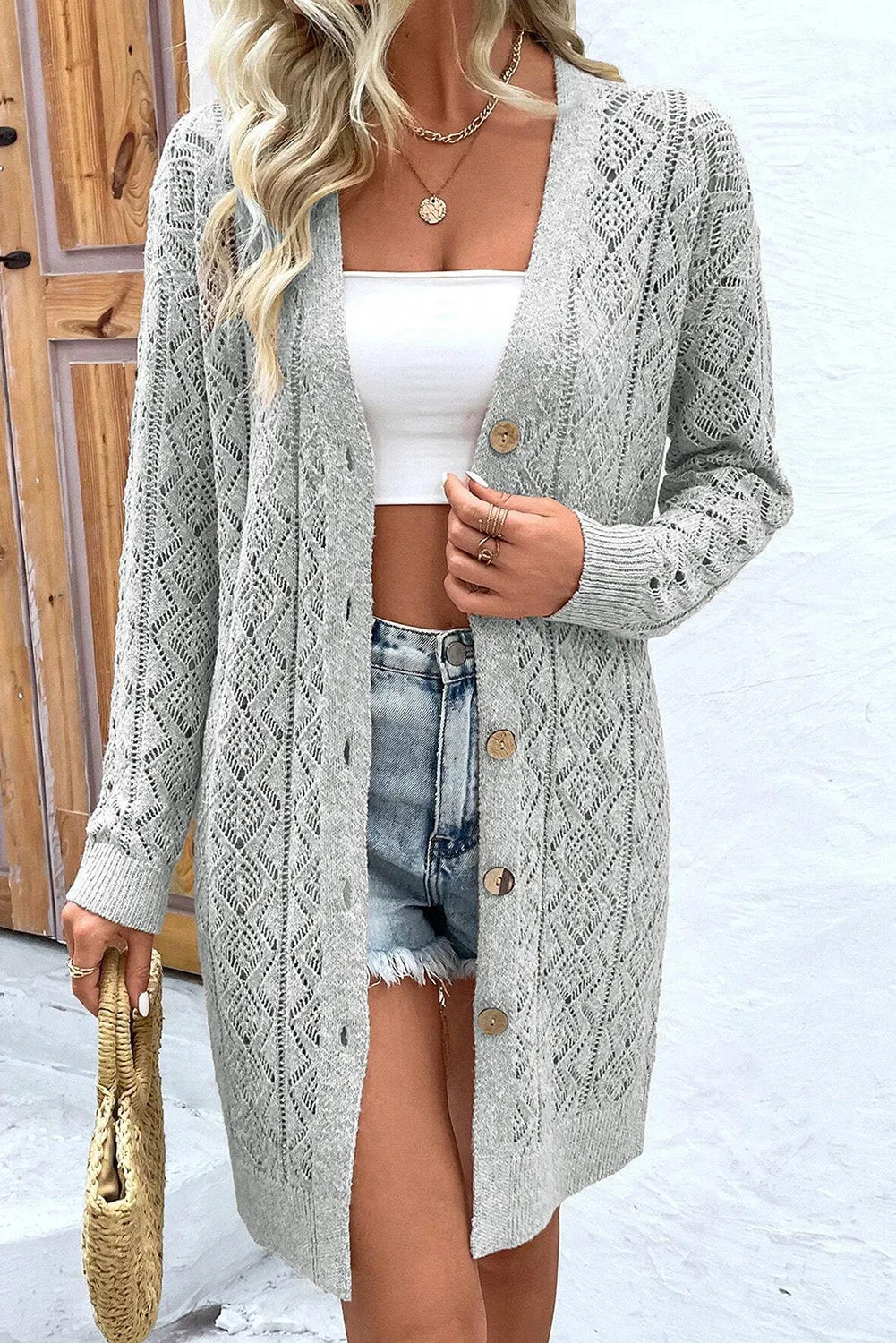 Janie Openwork Button Down Long Sleeve Cardigan Houndstooth Herringbone Solid