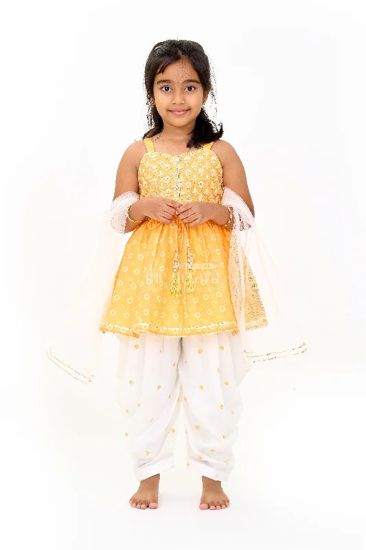 Girls Mustard Chinon Silk Peplum Set with White Dhoti Pants and Sleeveless Top for Festive Occasions Casual Plaid Pants