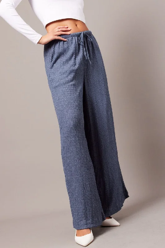 Blue Wide Leg Pants High Rise Textured Fabric Modern Skinny Pants