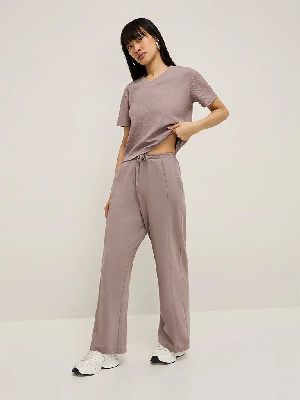 Studiofit Mauve Solid High-Rise Cotton Track Pants Classic Bootcut Trousers