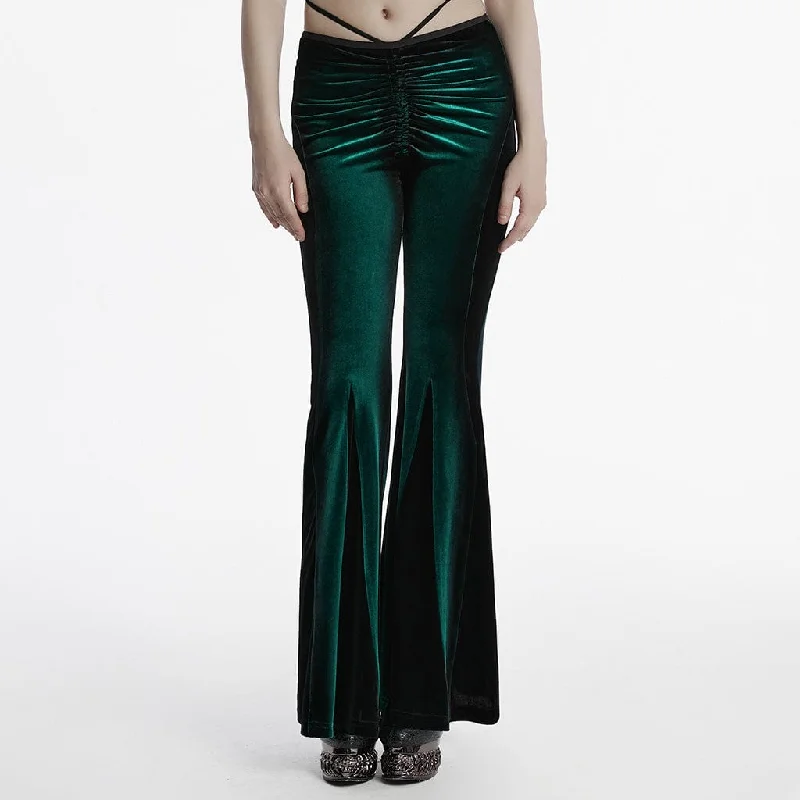 Women's Gothic Contrast Color Drawstring Velvet Flared Pants Green Relaxed Lounge Trousers Women's Gothic Contrast Color Drawstring Velvet Flared Pants Green Relaxed Lounge Trousers