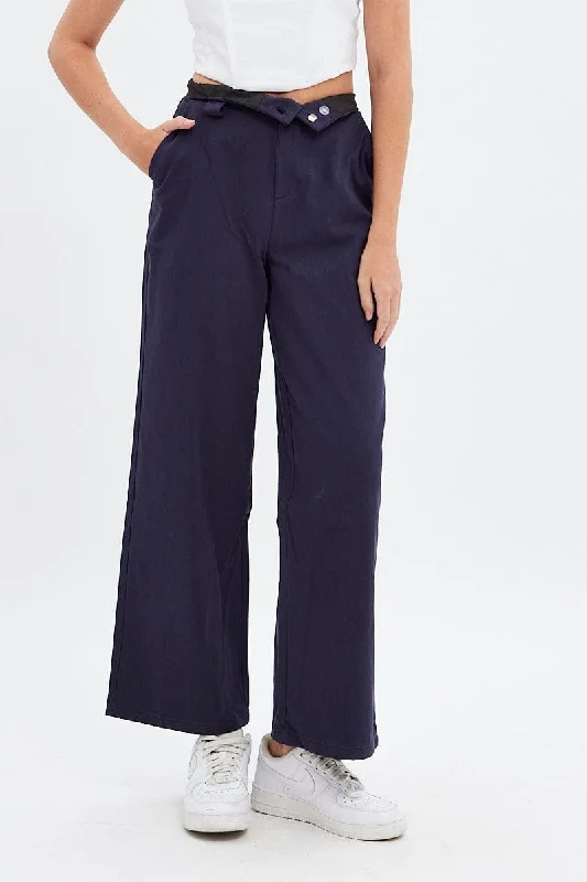 Blue Pant Straight Leg Turned Down Waist Sleek Black Pants
