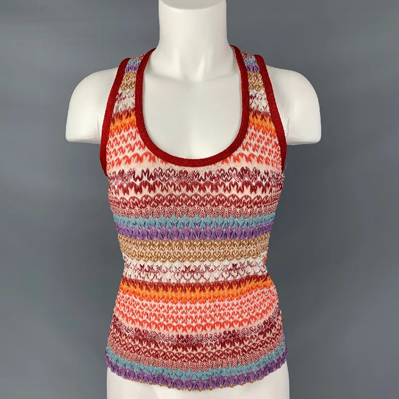 MISSONI Size 8 Red Multicolour Rayon Blend Wrinkled Tank Casual Top cold shoulder tank