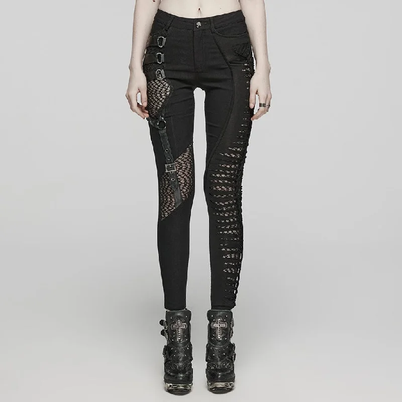 Women's Punk Mesh Buckle Spaghetti Strap Pants Relaxed High-Waist Trousers
