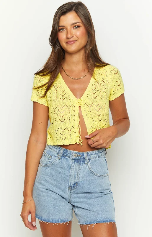 Dahlia Yellow Front Tie Cardigan Zippered Front Buttoned Front Snap Front