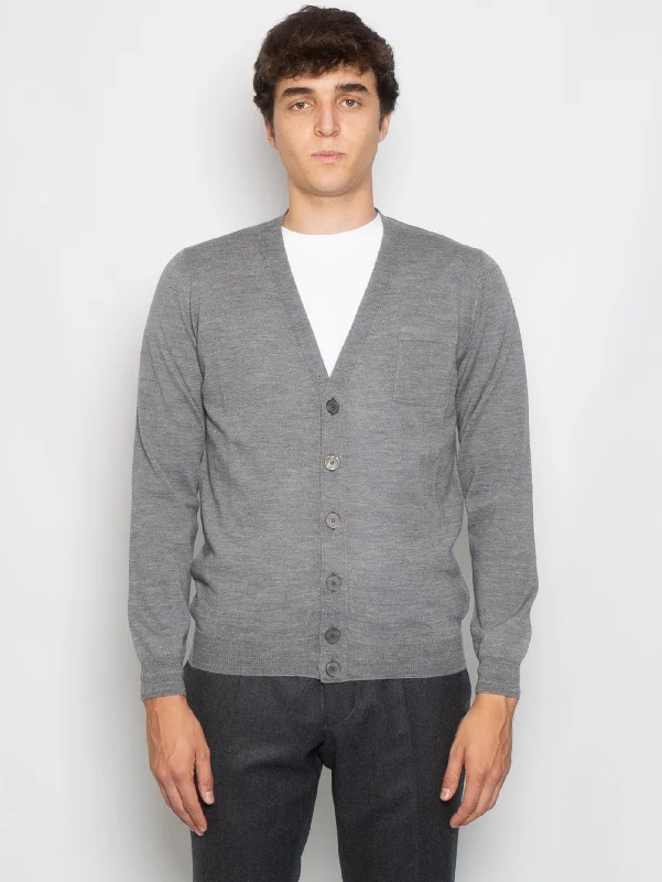 Cardigan con Taschino in Merinos Grigio Herringbone Houndstooth Plaid