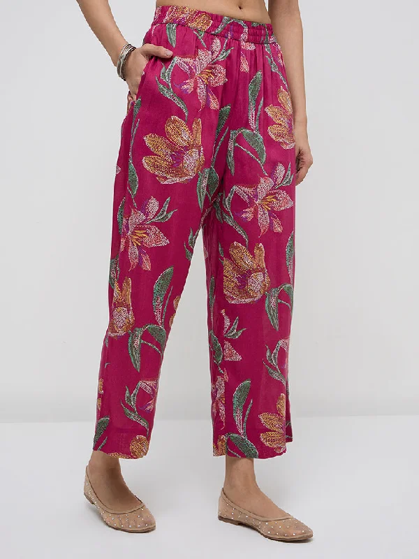 Utsa Magenta Floral Design High-Rise Ethnic Pants Slim-Fit Khaki Pants