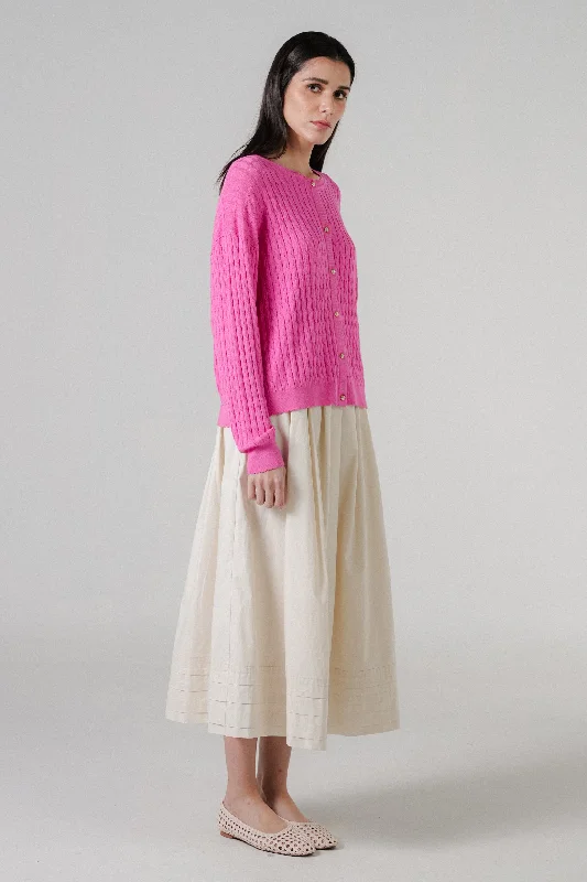 Iris Cable-Knit Cardigan in Fuchsia Cable Knit Ribbed Knit Lace Knit
