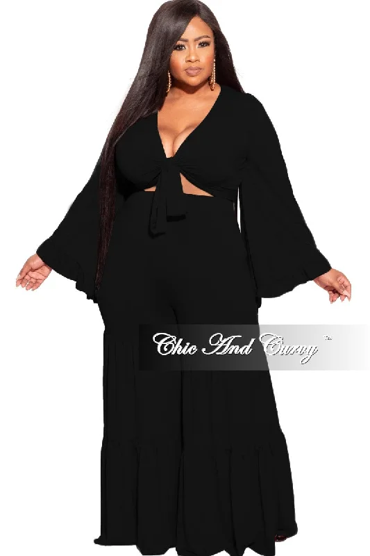 Final Sale Plus Size 2pc Bell Sleeve Crop Tie Top and 3-Layer Pants Set in Black Modern Stretch Trousers