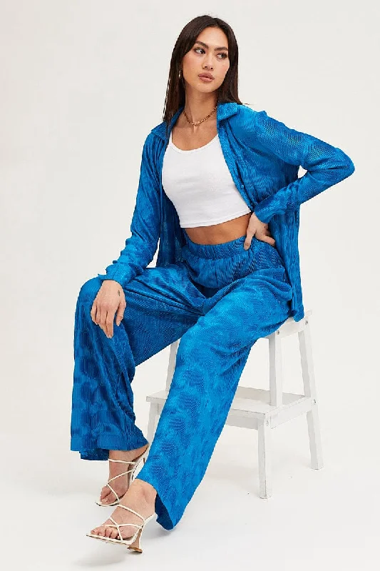 Blue Plisse Pants Wide Leg High Rise Cozy Full-Length Pants