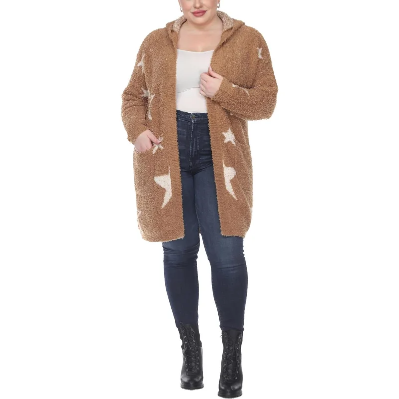 White Mark Womens Plus Sherpa Hooded Cardigan Sweater Notch Collar Peter Pan Collar Cowl Neck