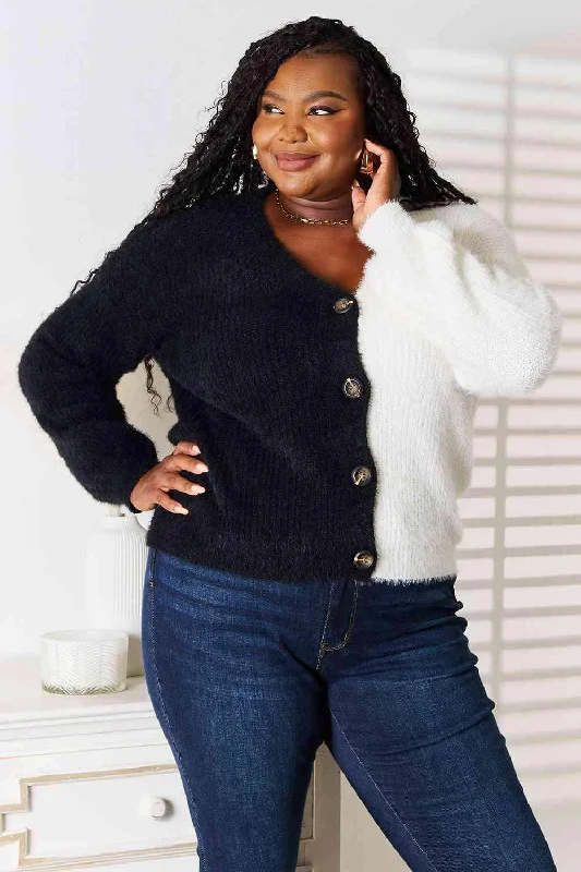 Contrast Button-Front V-Neck Cardigan Layered Multi-layer Single Layer