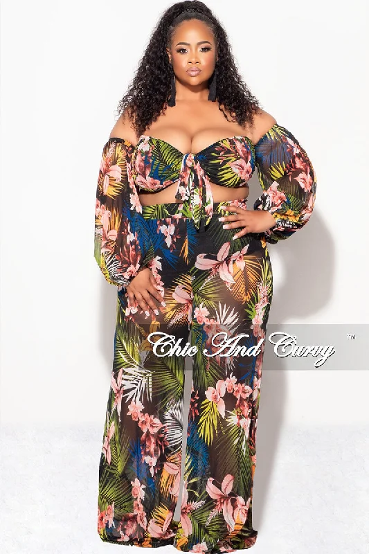 Final Sale Plus Size 2 Piece Mesh Set with Off the Shoulder Top & Pants Tropical Print Formal Linen Trousers