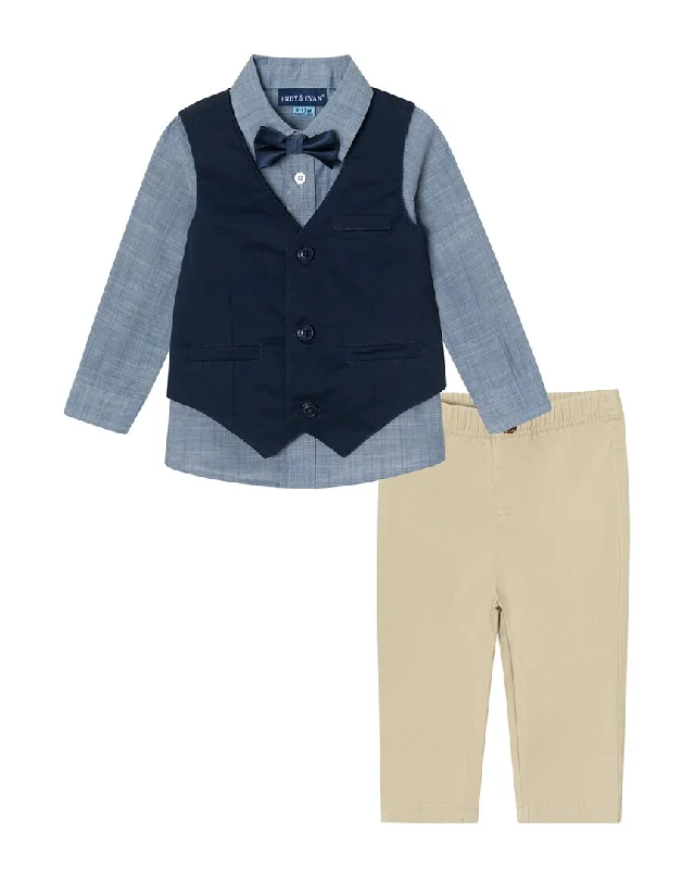 Andy & Evan Chambray Button-Down, Bow Tie & Pant Set Trendy Velvet Pants
