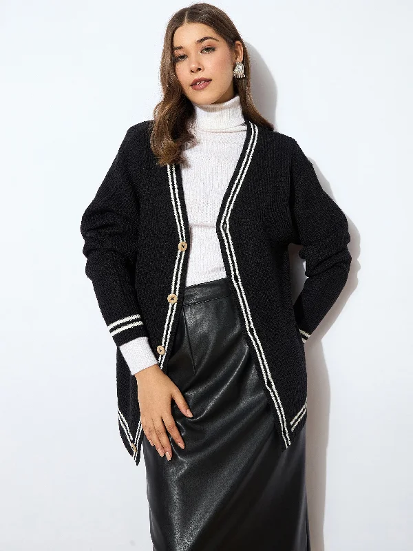 Women Black Front Button Oversized Cardigan Casual Formal Business