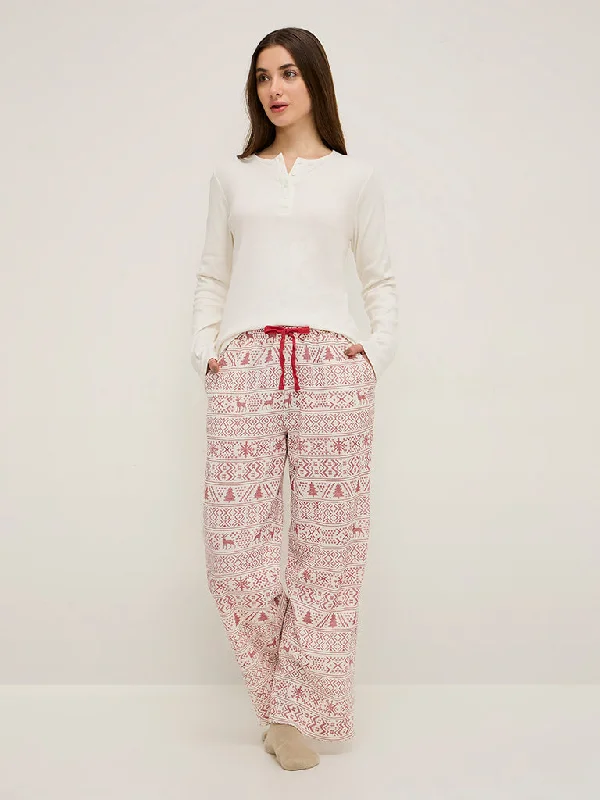 Wunderlove Off-White Waffle-Textured High-Rise Lounge Pants Relaxed Linen Pants