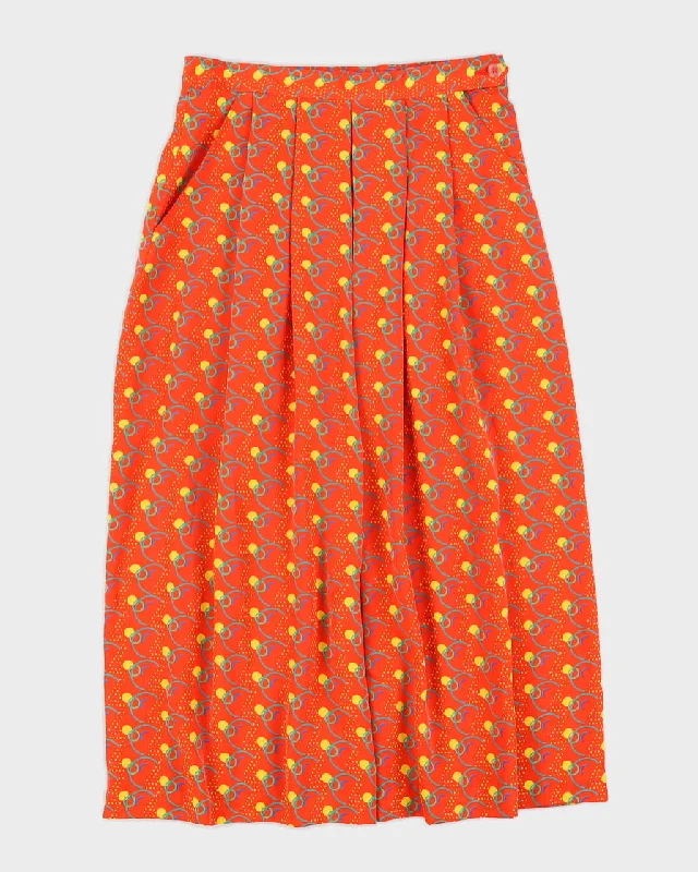 Orange Patterned Midi Skirt - S belted skirt waist
