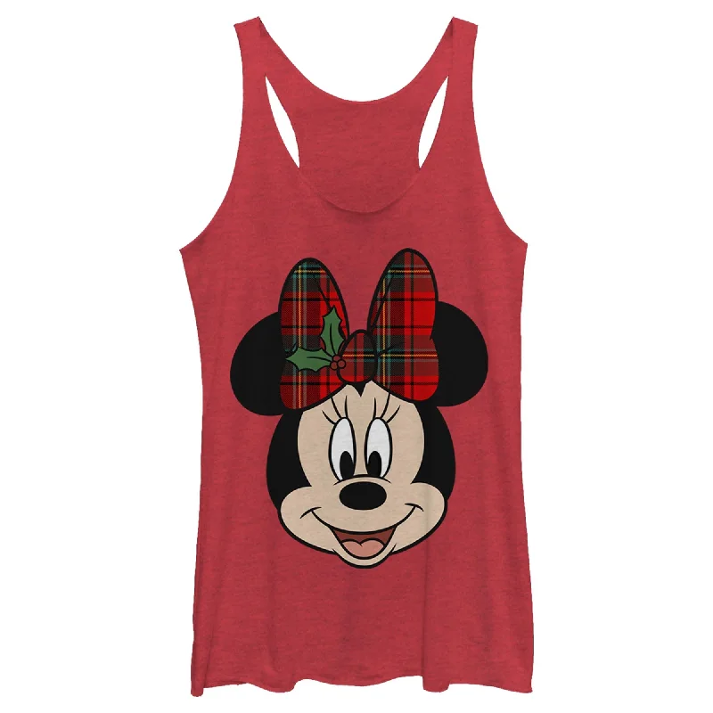 Women's Mickey & Friends Christmas Minnie Mouse Holly Plaid Bow Racerback Tank Top white tank top
