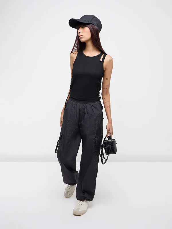 Studiofit Black High-Rise Cargo Track Pants Trendy Printed Pants
